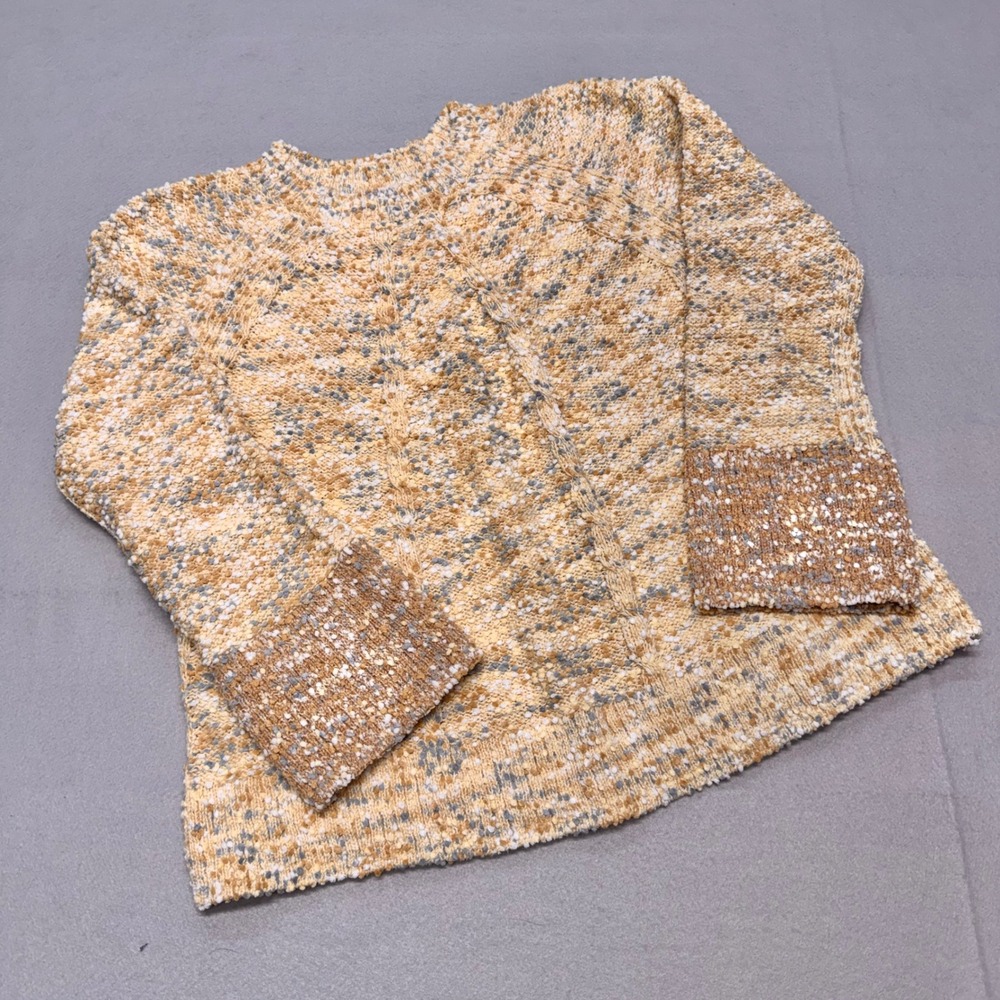 Pure Jill Women Medium Tan Multi Popcorn Knit Cotton Blend Sweater Cozy Relaxed